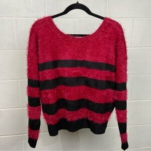 DKNY Jeans Fuzzy Striped Boat‎ Neck Sweater Women's Medium Burgundy Black *EUC